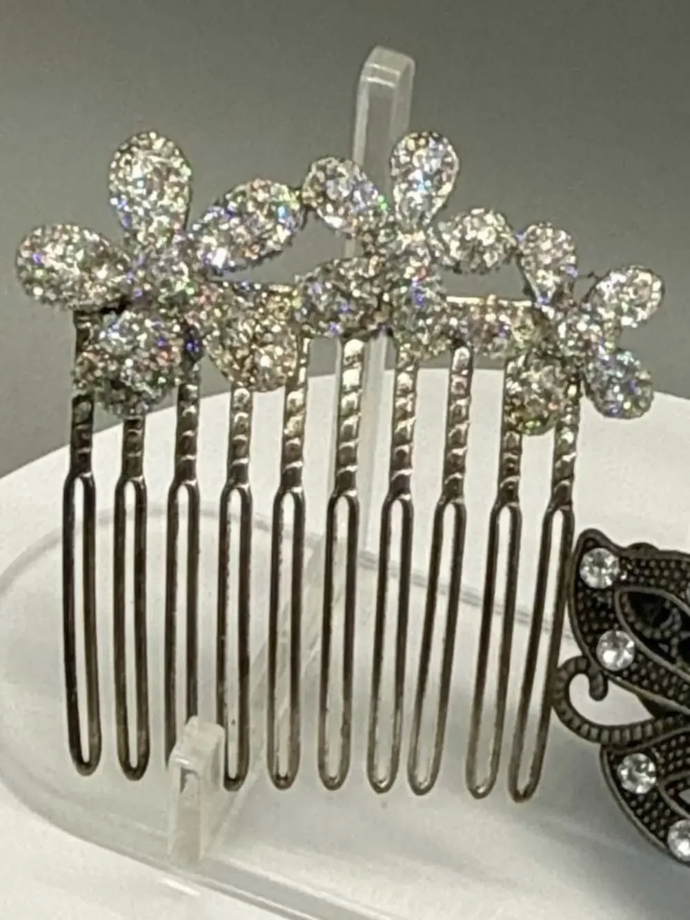 Vtg Decorative Daisy Hair Comb & Floral Rhinestone Hair Clip Lot Wedding Bridal